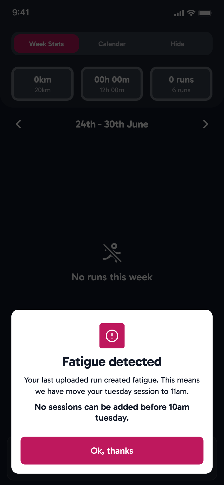 The Running Algorithm mobile calendar week view with a fatigue notice