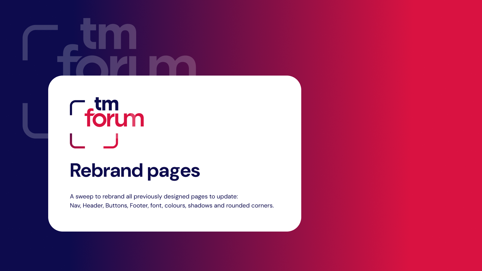 Cover for the TM Forum rebrand pages work, with the TM Forum logo on a navy to red gradient