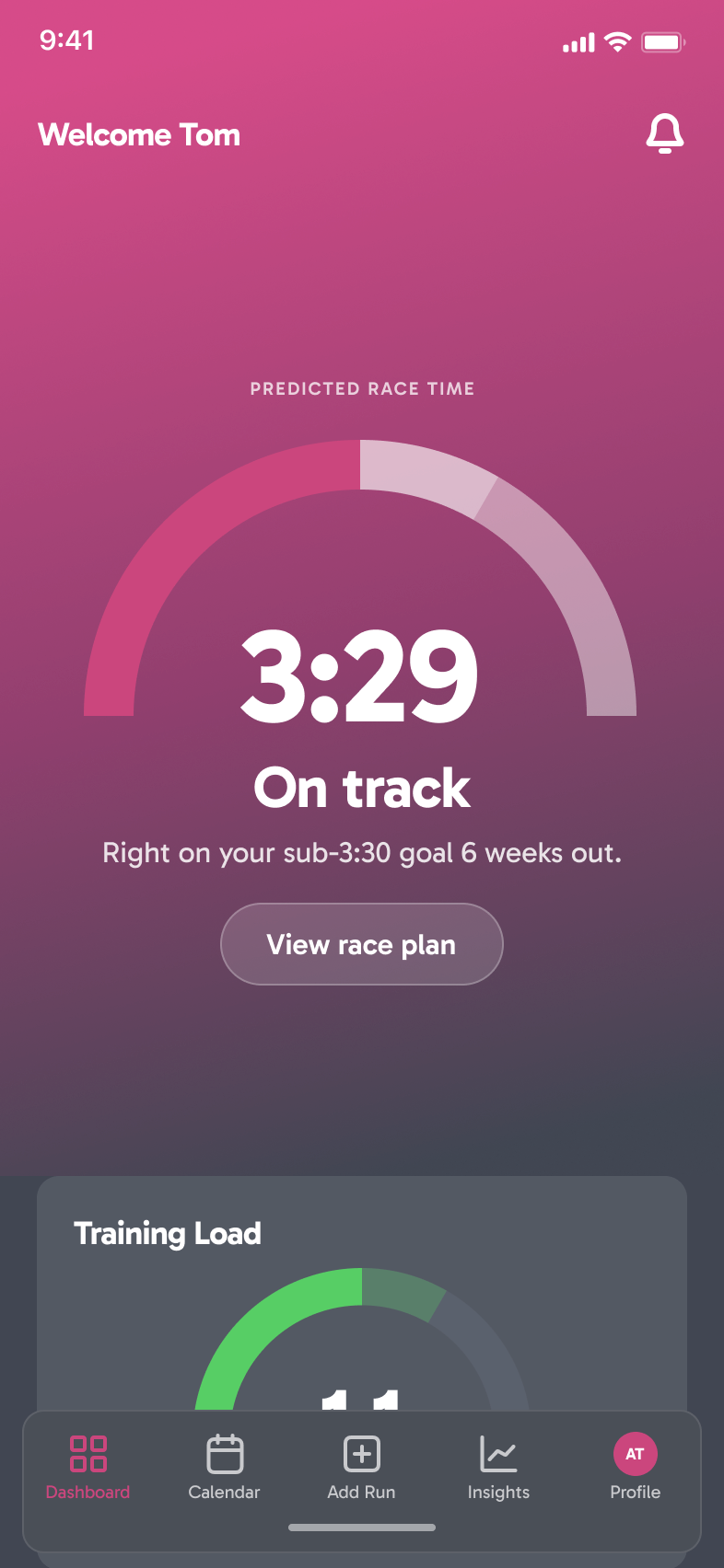 The Running Algorithm mobile dashboard before a run, with a 3:29 On track ring