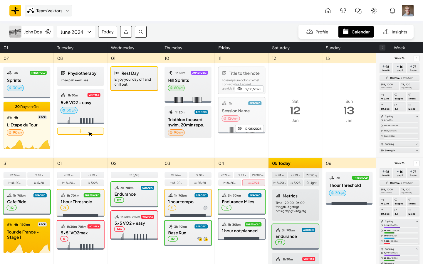 Vekta desktop training calendar with colour coded workout cards across several weeks
