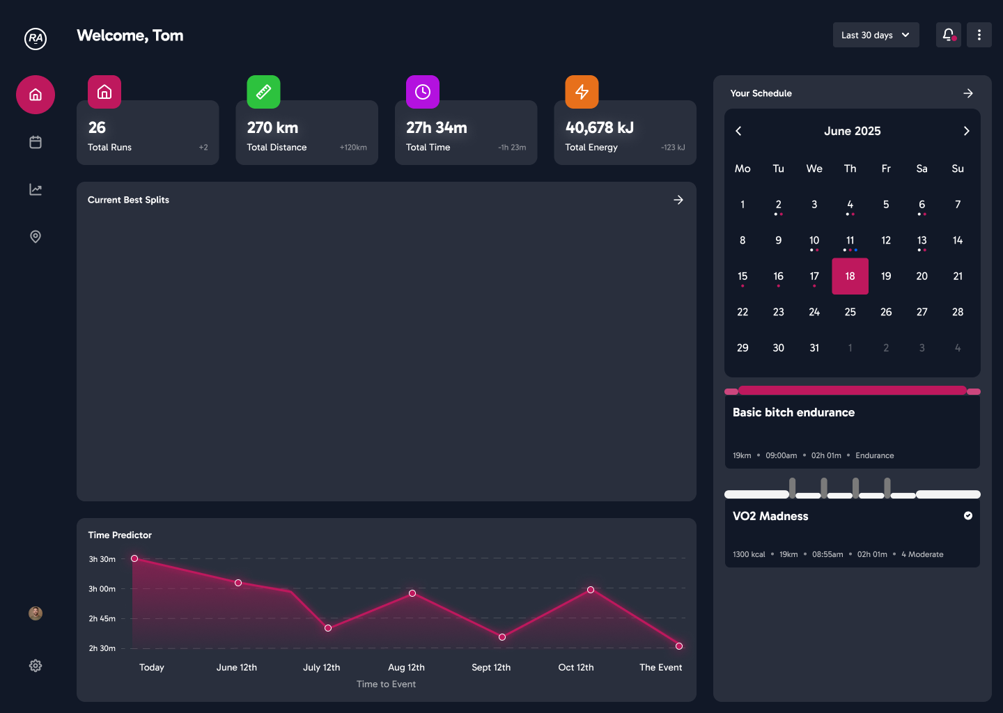 The Running Algorithm desktop dashboard with run stats, a calendar, best splits and a training load chart