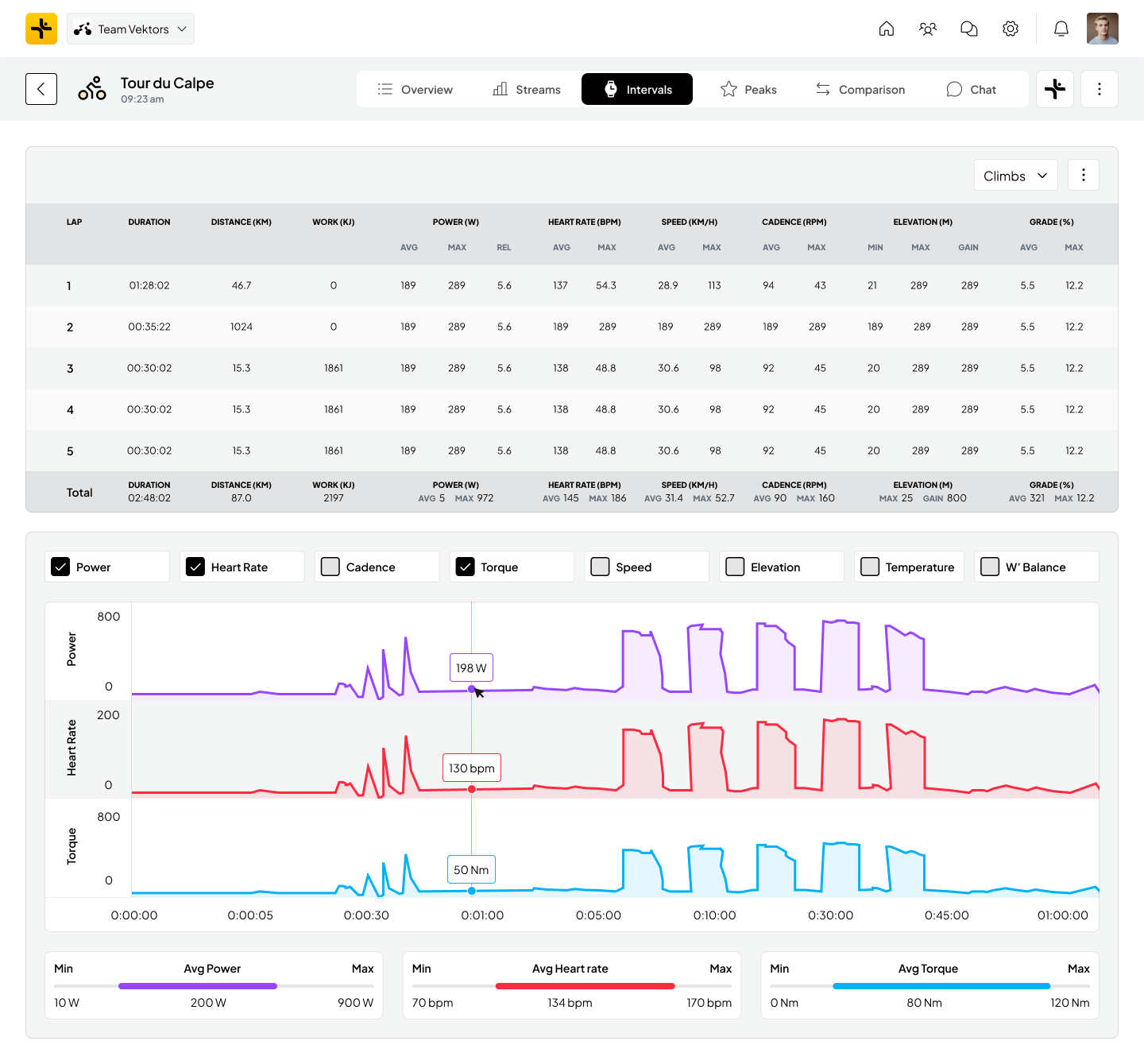 Vekta desktop analysis tab with a table of intervals and power, heart rate and torque charts