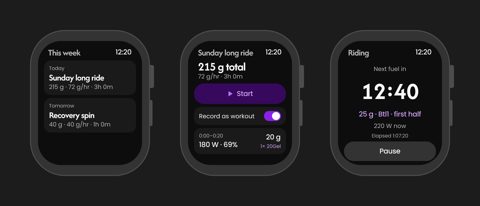 Three Apple Watch screens showing the week's rides, a long ride plan and the live next-feed screen
