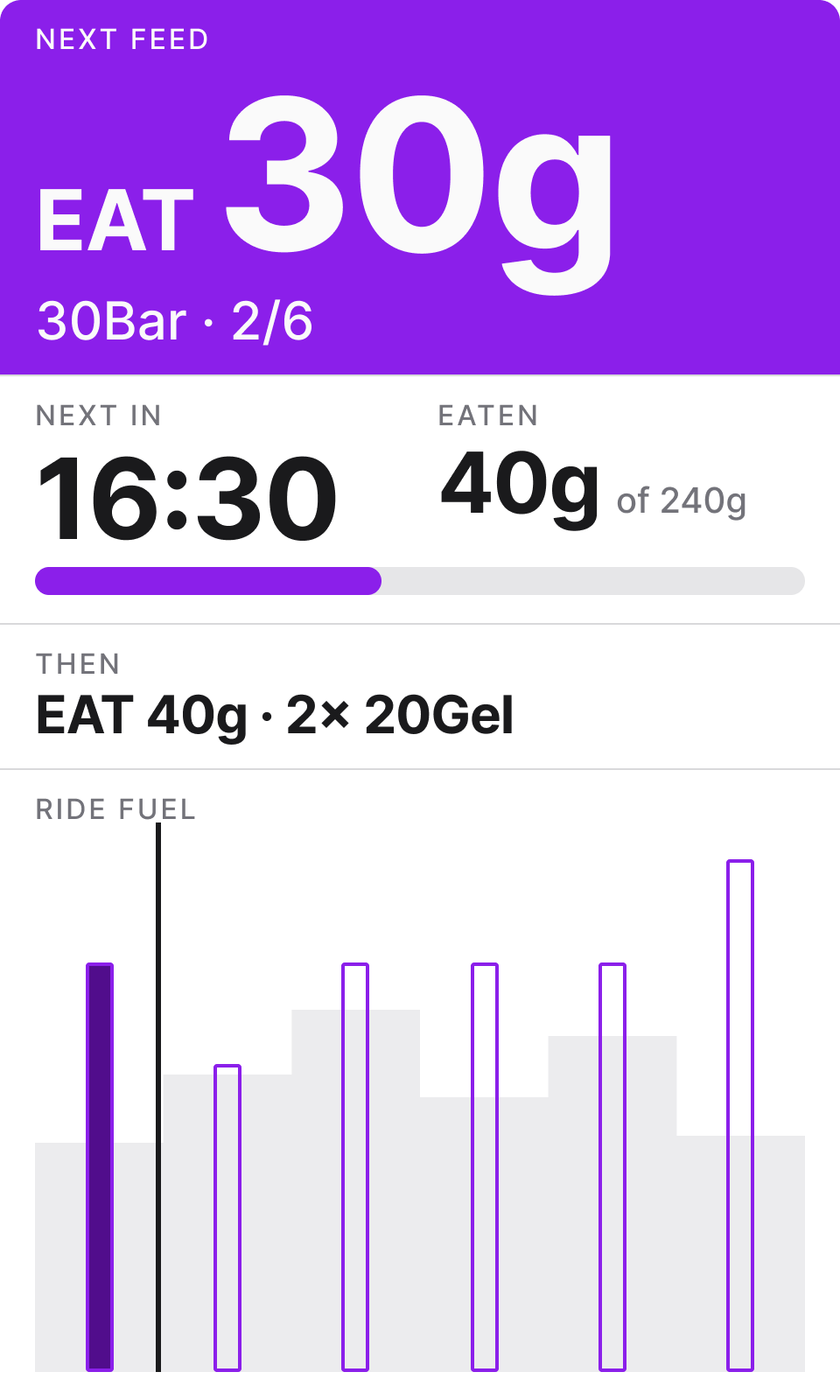 Garmin bike computer showing the StemNotes next feed field, 30 grams of bar