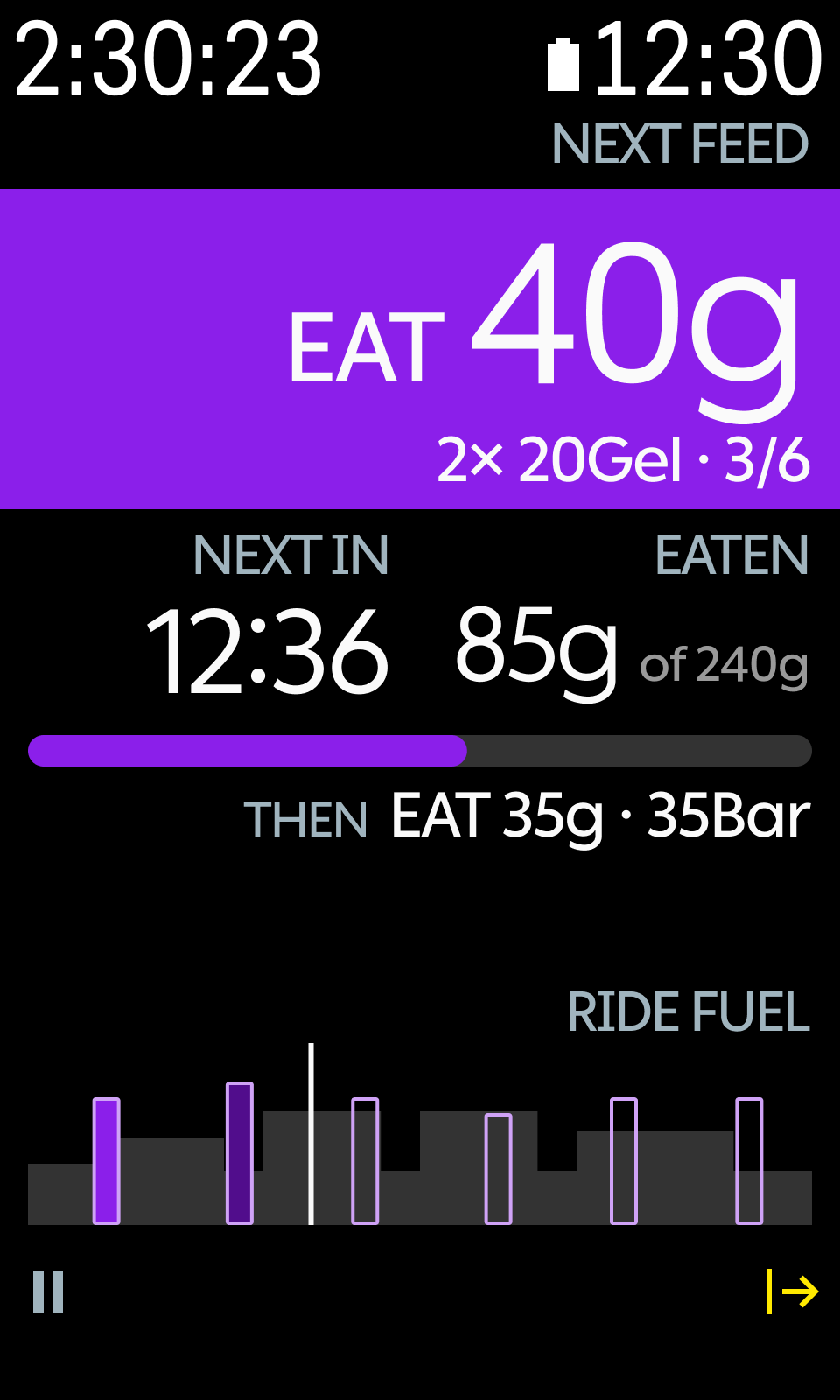 Karoo bike computer showing the StemNotes next feed field with 40 grams to eat