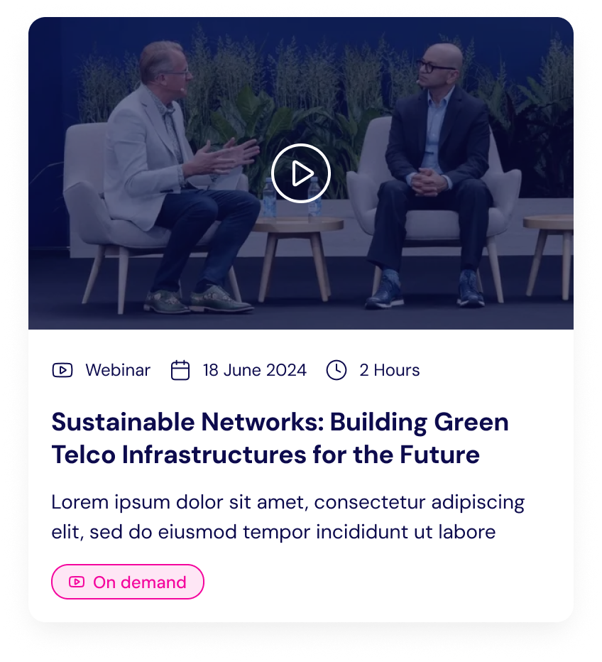 TM Forum webinar card with a video thumbnail, topic, duration and an on demand tag