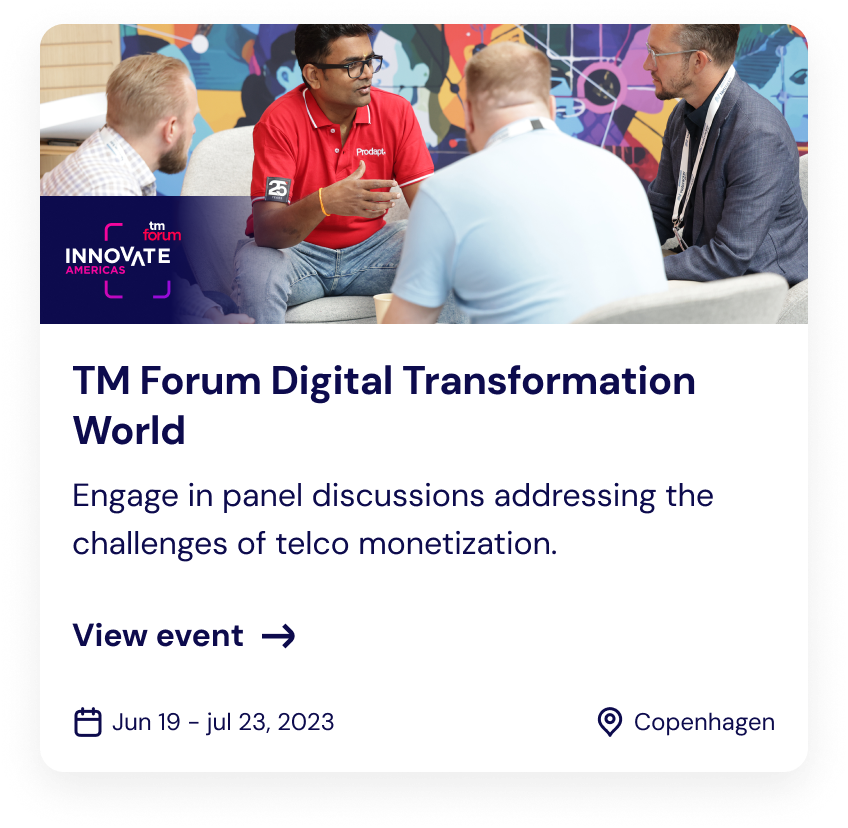TM Forum event card with a conference photo, title, dates and location