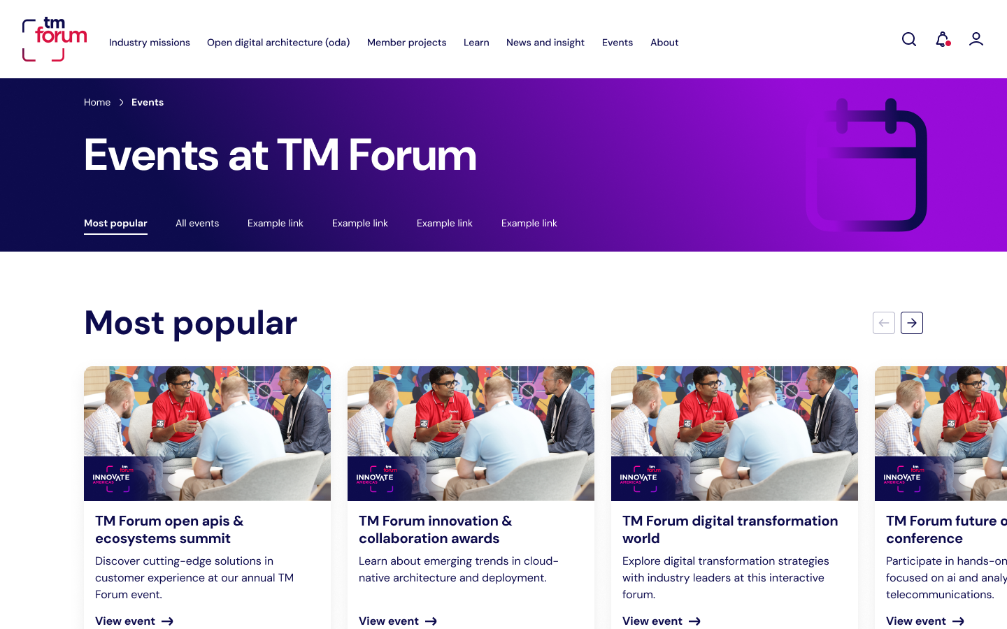 TM Forum events landing page with a banner and a row of most popular event cards
