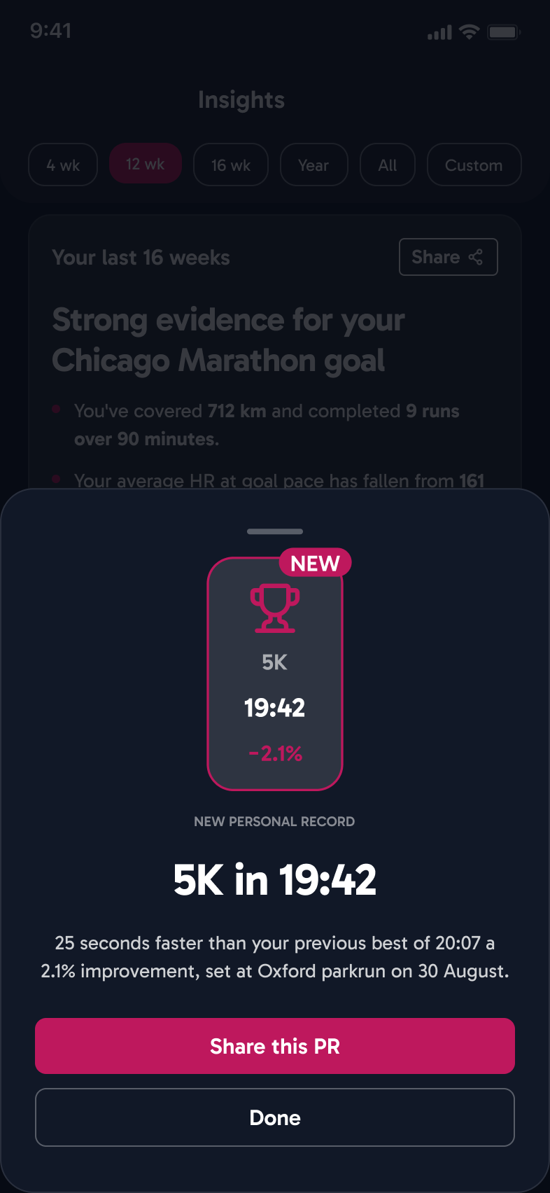 The Running Algorithm mobile insights screen with a new personal record sheet sliding up
