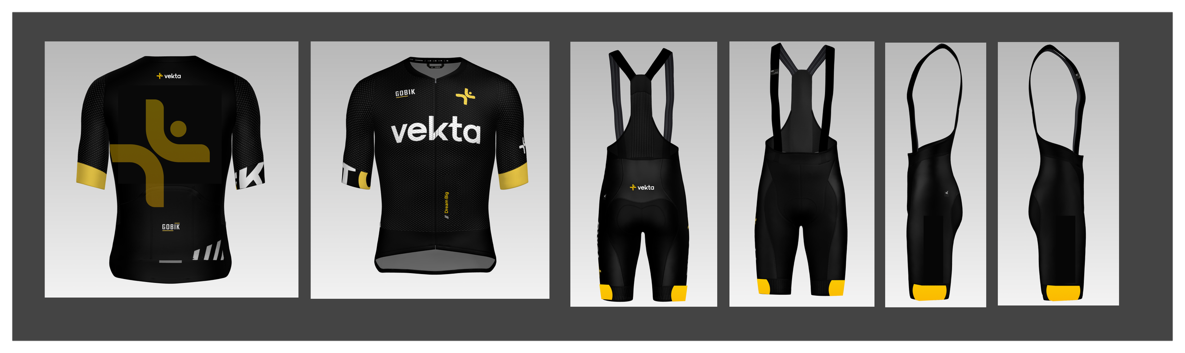 Vekta team kit mock-ups: black jerseys with the yellow logo and bib shorts