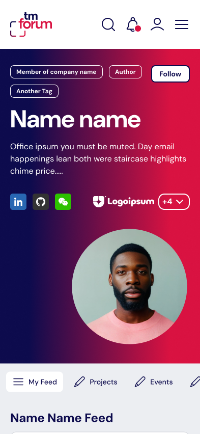 TM Forum public company profile on mobile with name, tags and a Follow button on a navy to red gradient