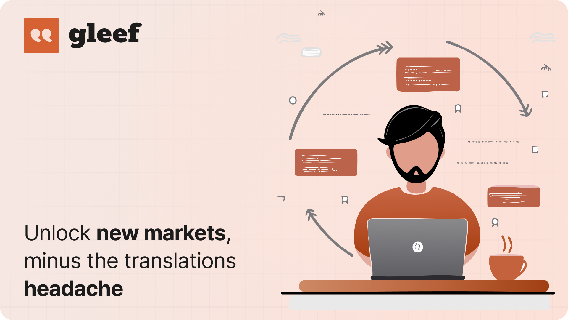 Gleef marketing graphic with the logo and the line Unlock new markets, minus the translations headache