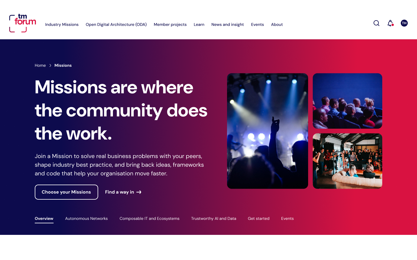 TM Forum Missions page with the headline Missions are where the community does the work beside event photos