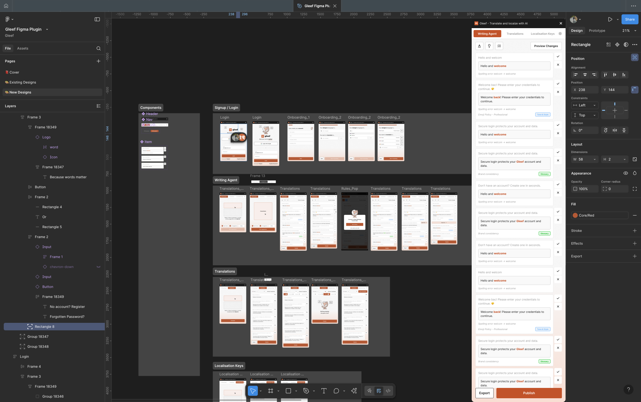 Gleef Figma plugin open inside a Figma file full of design frames