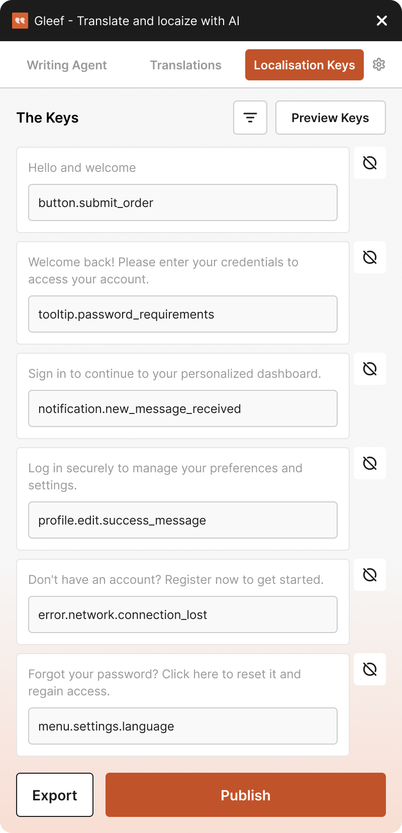 Gleef plugin Localisation Keys tab listing text layers with their generated key names