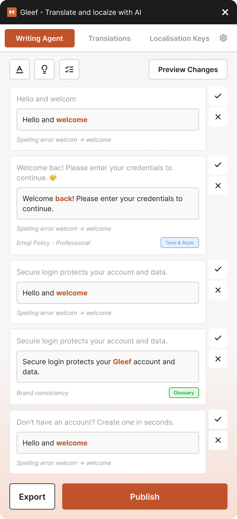 Gleef plugin Writing Agent tab suggesting corrected copy for text layers, with accept and reject buttons