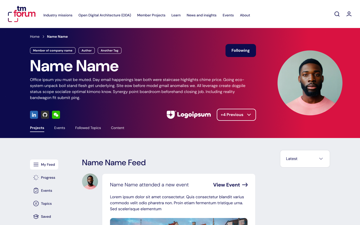 TM Forum public company profile page on desktop with the company name, tags and a Follow button on a navy to red gradient