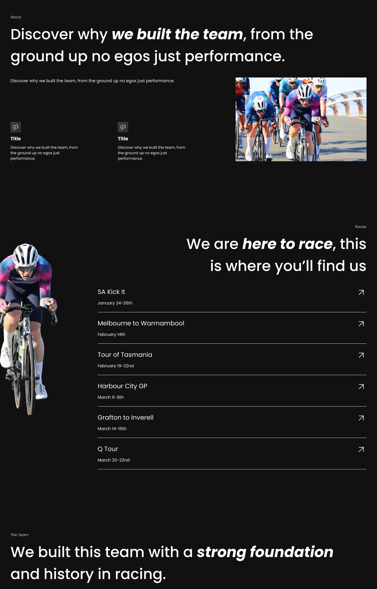 RCA Racing home page sections: about the team, the race schedule list and the team introduction