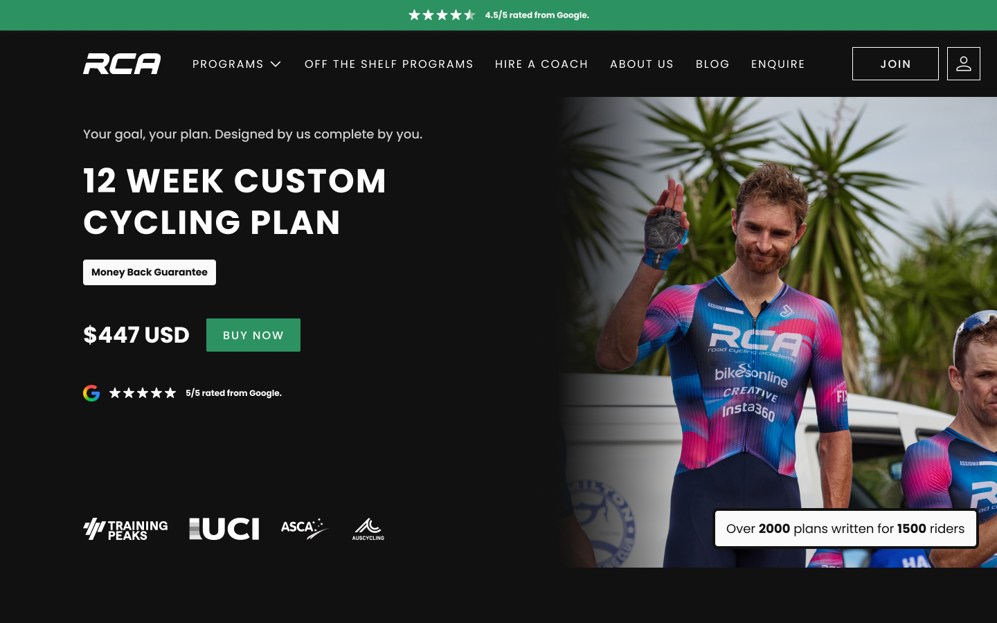 RCA 12 week custom cycling plan page with price, guarantee badge and a photo of two riders in team kit