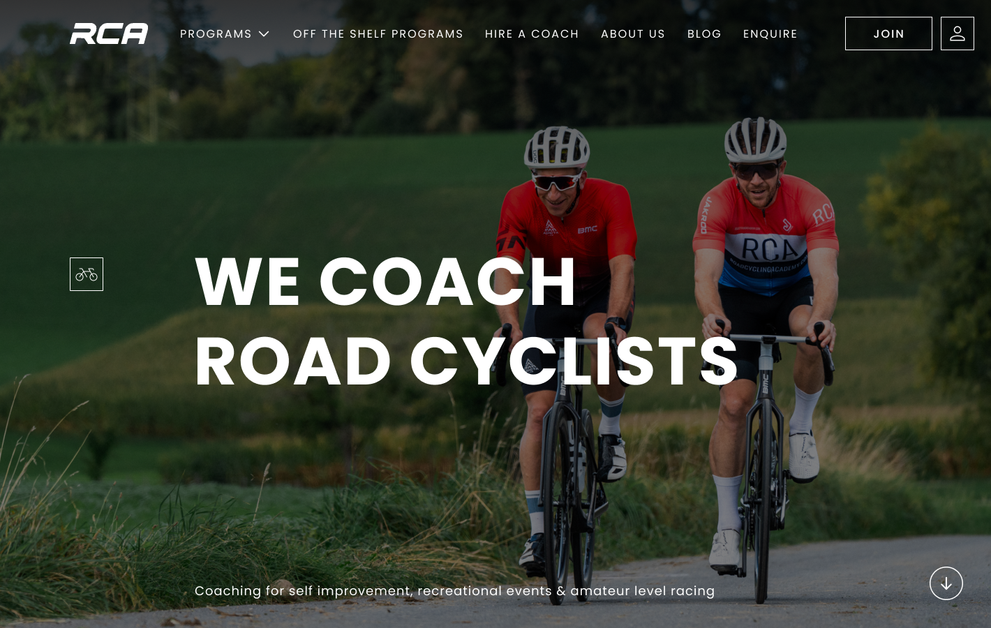 RCA home page with the headline We coach road cyclists over a photo of two riders