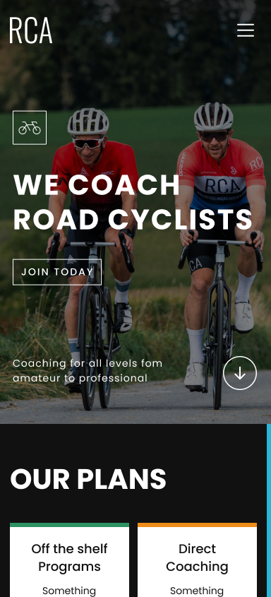 RCA home page on mobile, with the headline We coach road cyclists over a photo of two riders