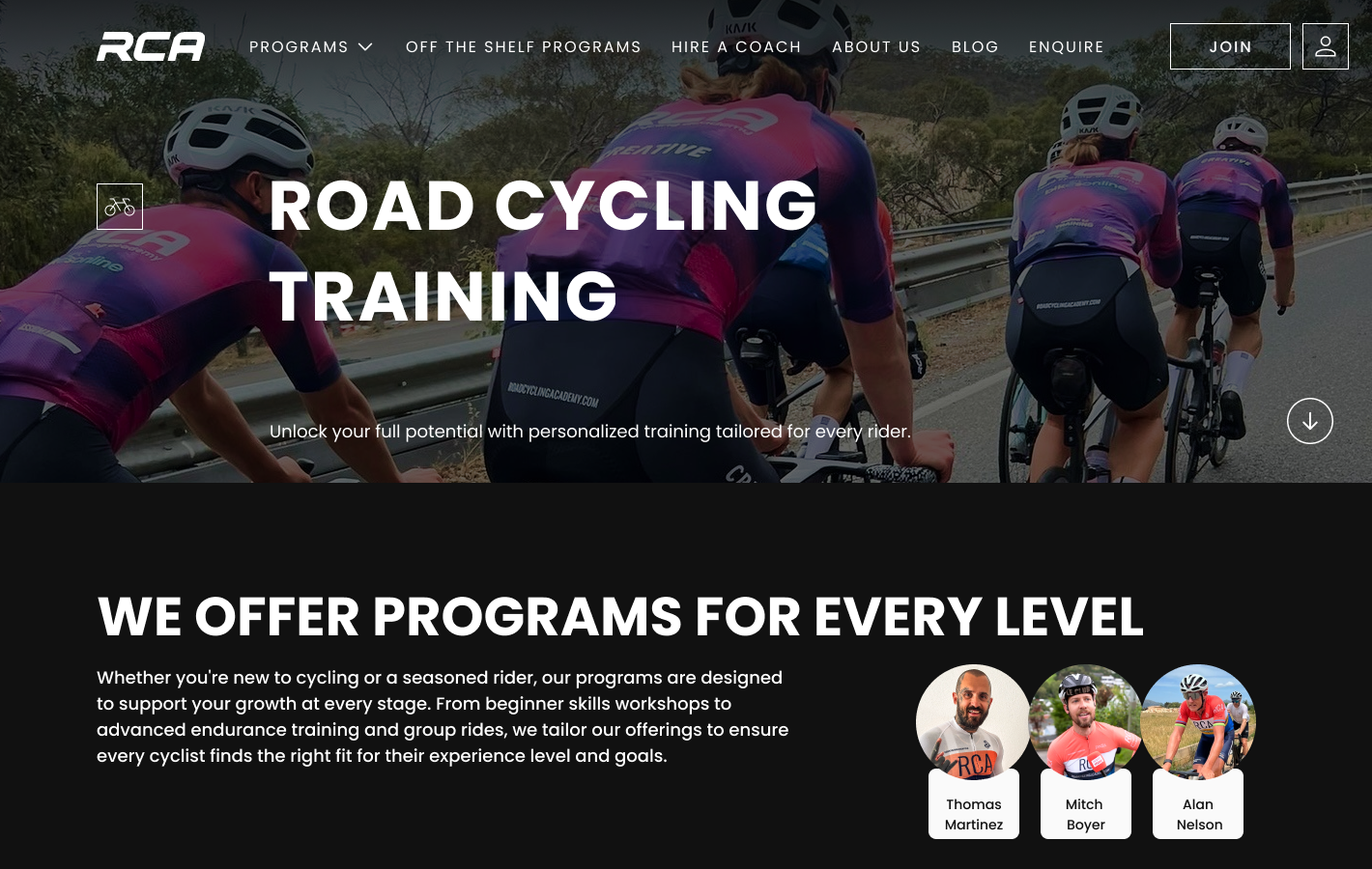 RCA programs page with the headline Road Cycling Training and a row of programs for every level