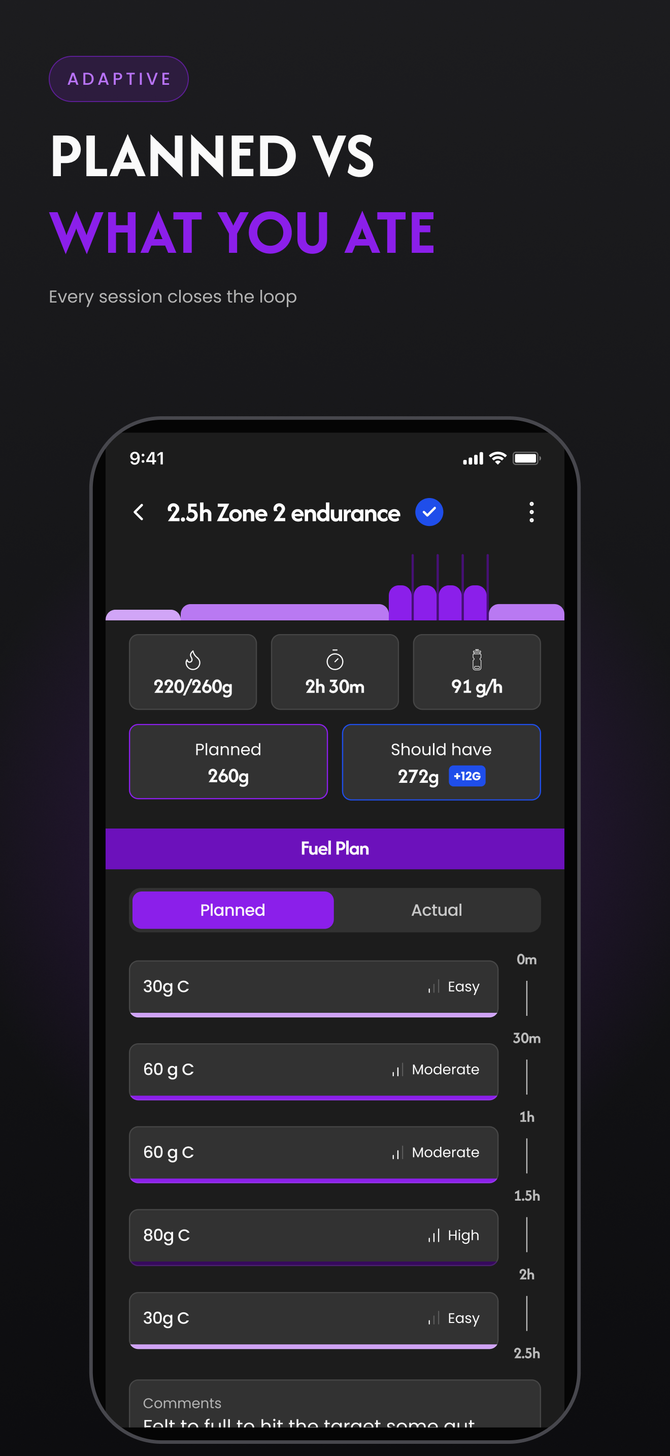 App Store screen reading planned versus what you ate, over the StemNotes fuel plan for a Zone 2 ride