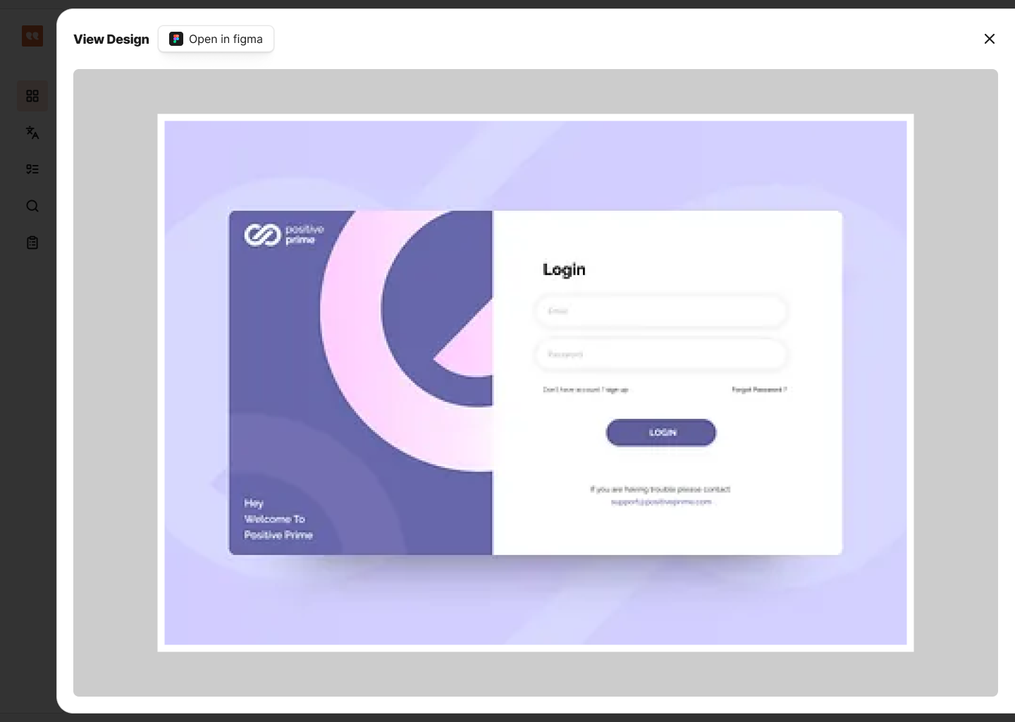 Gleef Studio preview of a translated login design shown in a modal