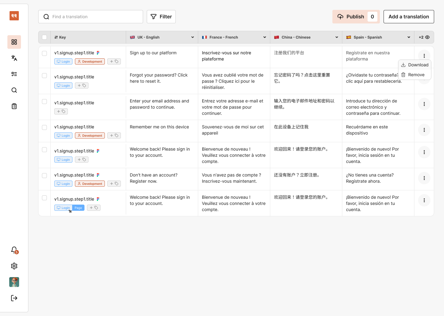 Gleef Studio translation table listing text keys across several languages