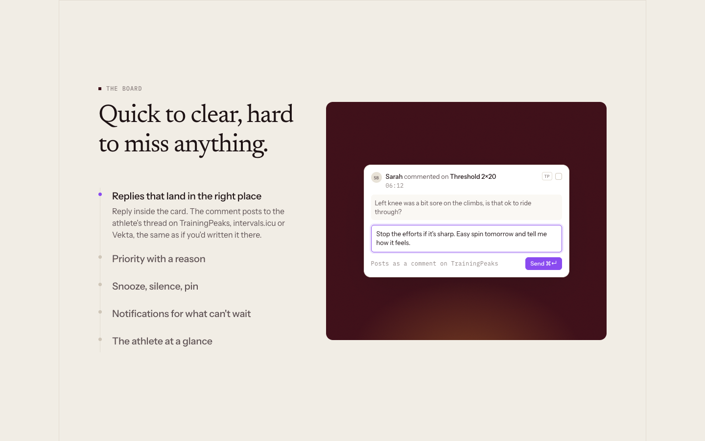 Musette landing page section showing a comment card on a dark maroon panel beside the line Quick to clear, hard to miss anything